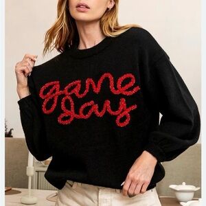 BiBi Game Day Black Metallic Letter Sweater
